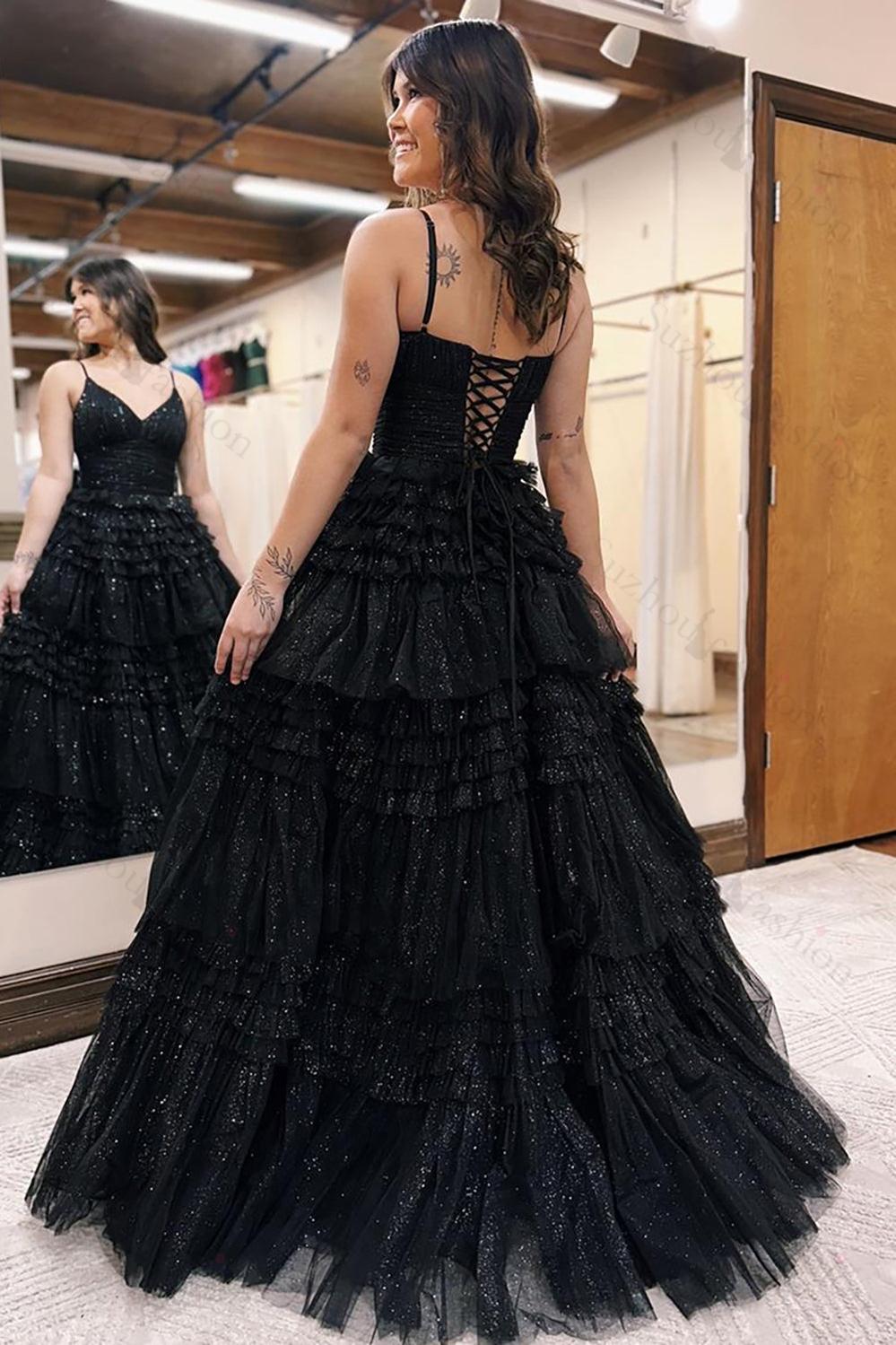 Tulle Spaghetti Straps Sage Prom Dress Ruffled Long Formal Dress
