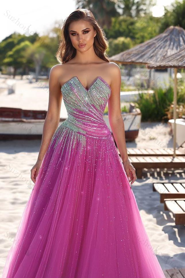 Tulle Strapless Prom Dress Sleeveless Mermaid Long Evening Formal Dress With Sequins