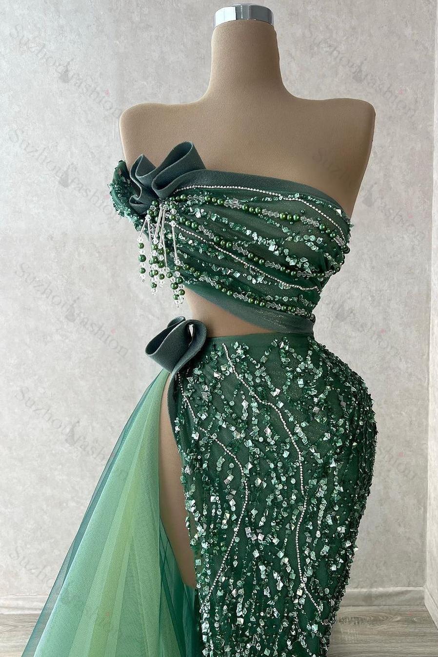 Tulle Strapless Sleeveless High Split Long Evening Formal Dress With Beading