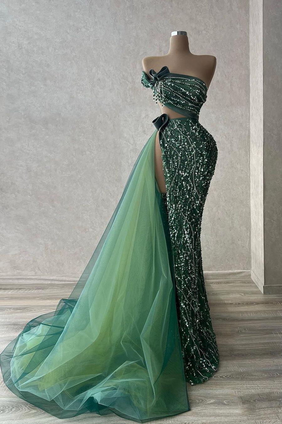 Tulle Strapless Sleeveless High Split Long Evening Formal Dress With Beading