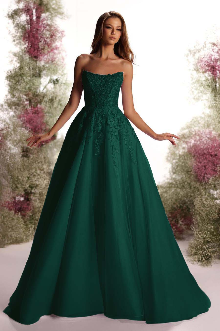 Tulle Strapless Sleeveless Long A Line Evening Formal Dress With Appliques