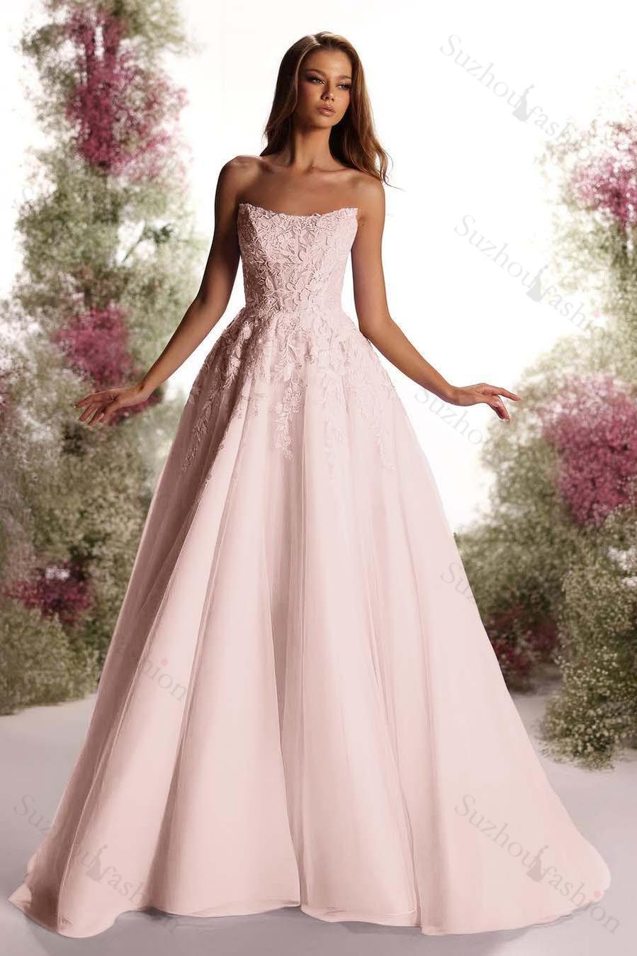 Tulle Strapless Sleeveless Long A Line Evening Formal Dress With Appliques