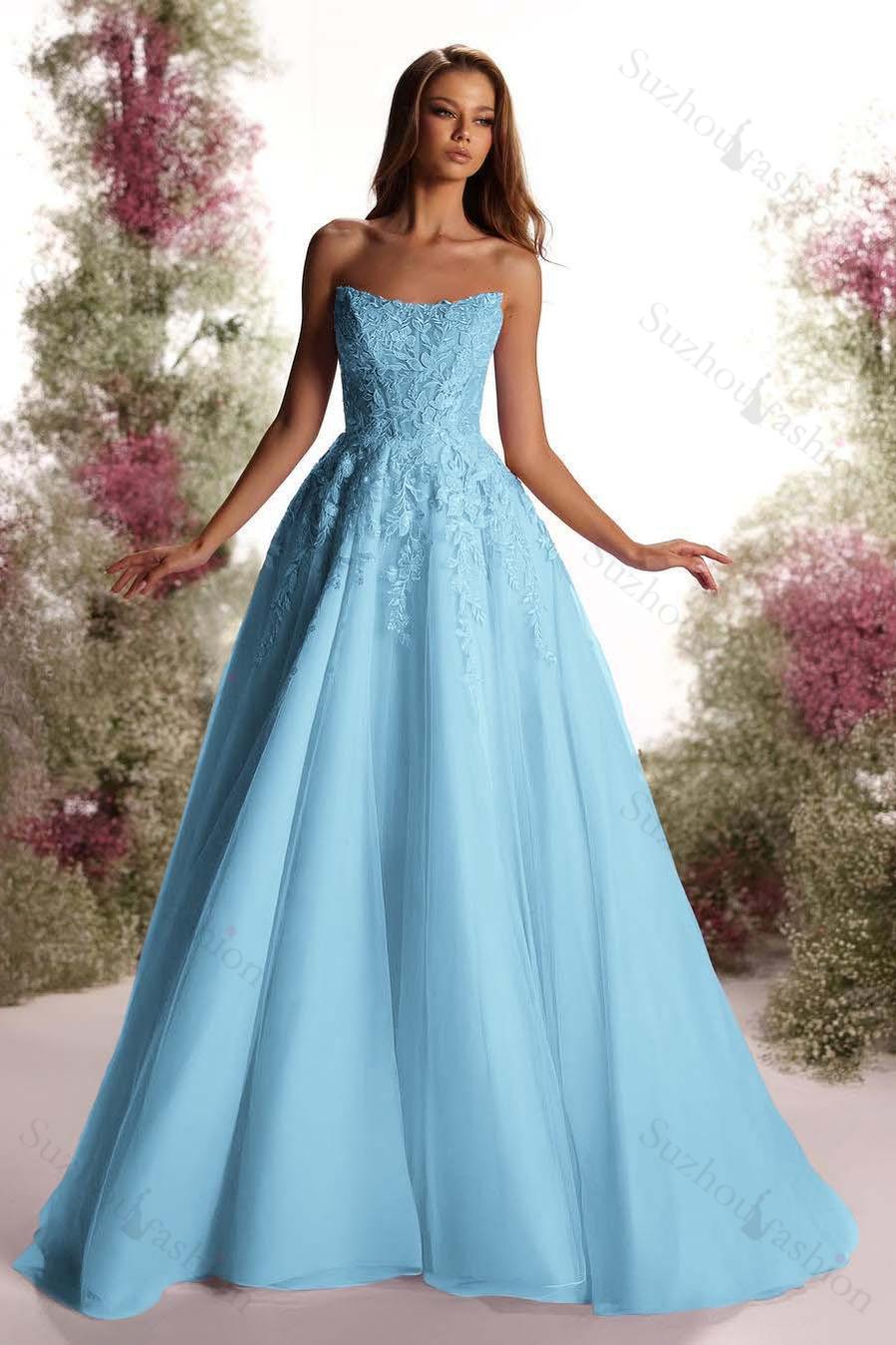 Tulle Strapless Sleeveless Long A Line Evening Formal Dress With Appliques