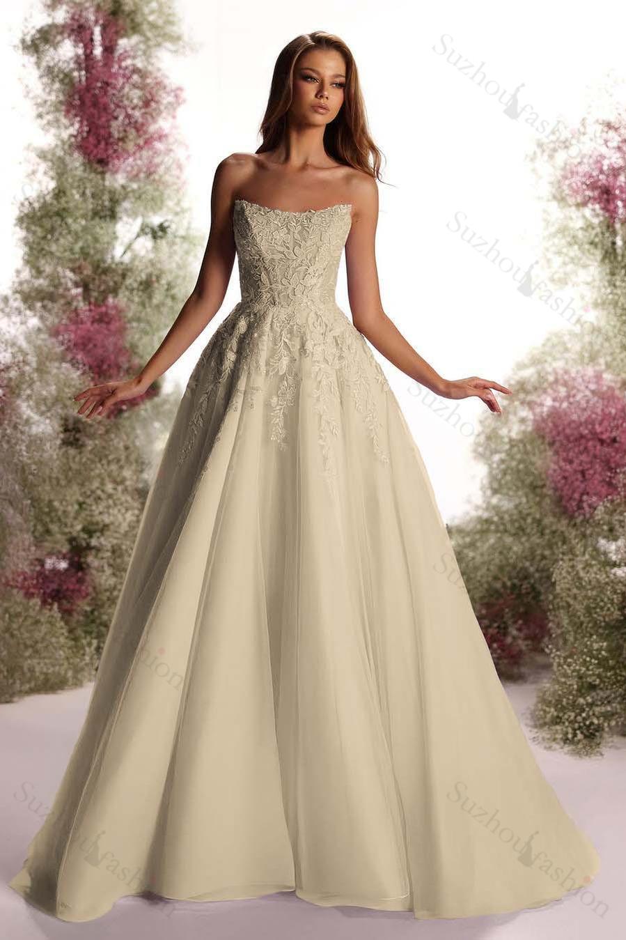 Tulle Strapless Sleeveless Long A Line Evening Formal Dress With Appliques