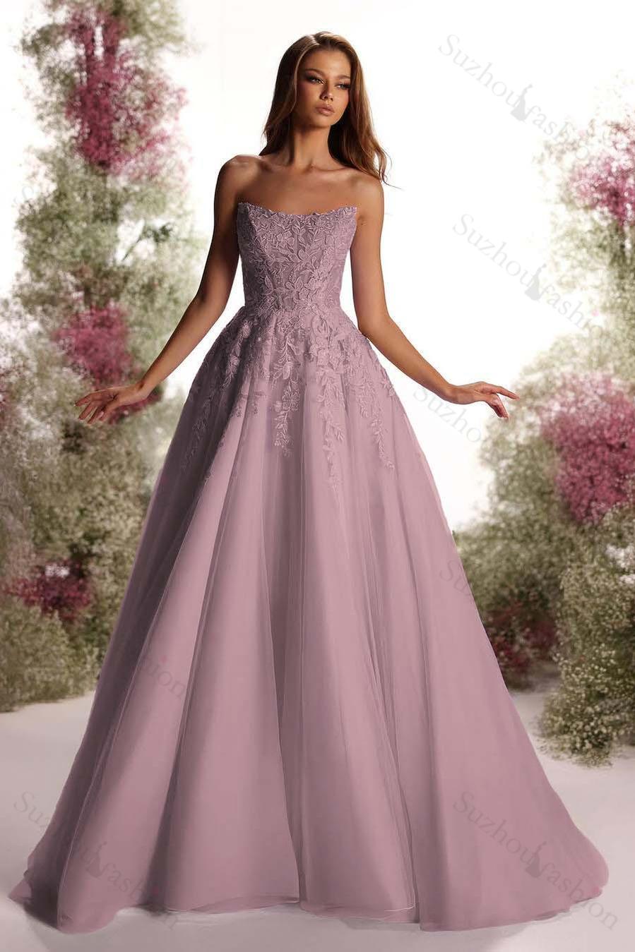 Tulle Strapless Sleeveless Long A Line Evening Formal Dress With Appliques