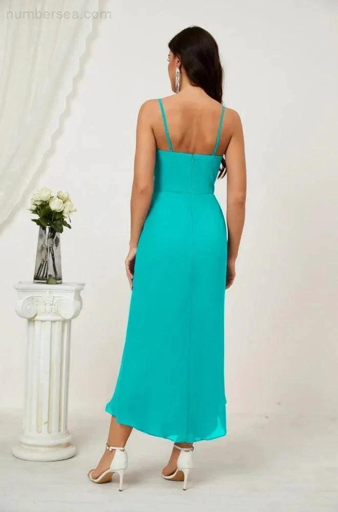 ZapDress Spaghetti Chiffon V Neck Bridesmaid Dress Mid-Length Slit Formal Prom Dress Homecoming Dress 2803 (ZD16952)