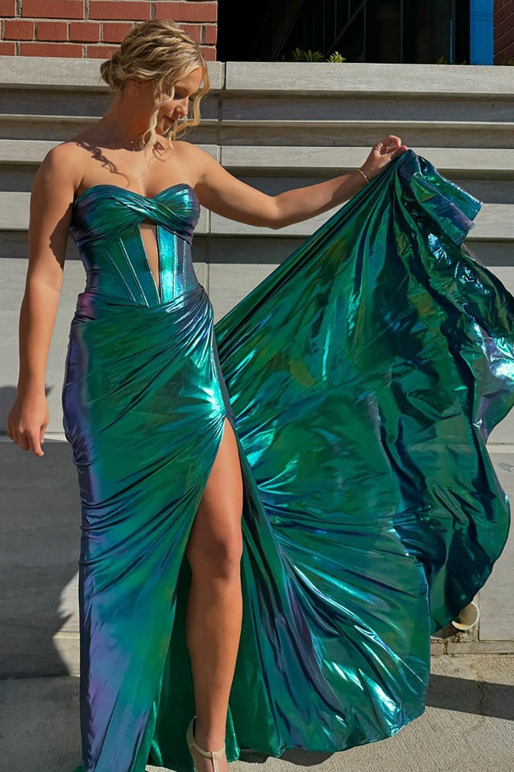 Turquoise Prom Dress Mermaid Ruche Metallic Long Formal Dress With Slit