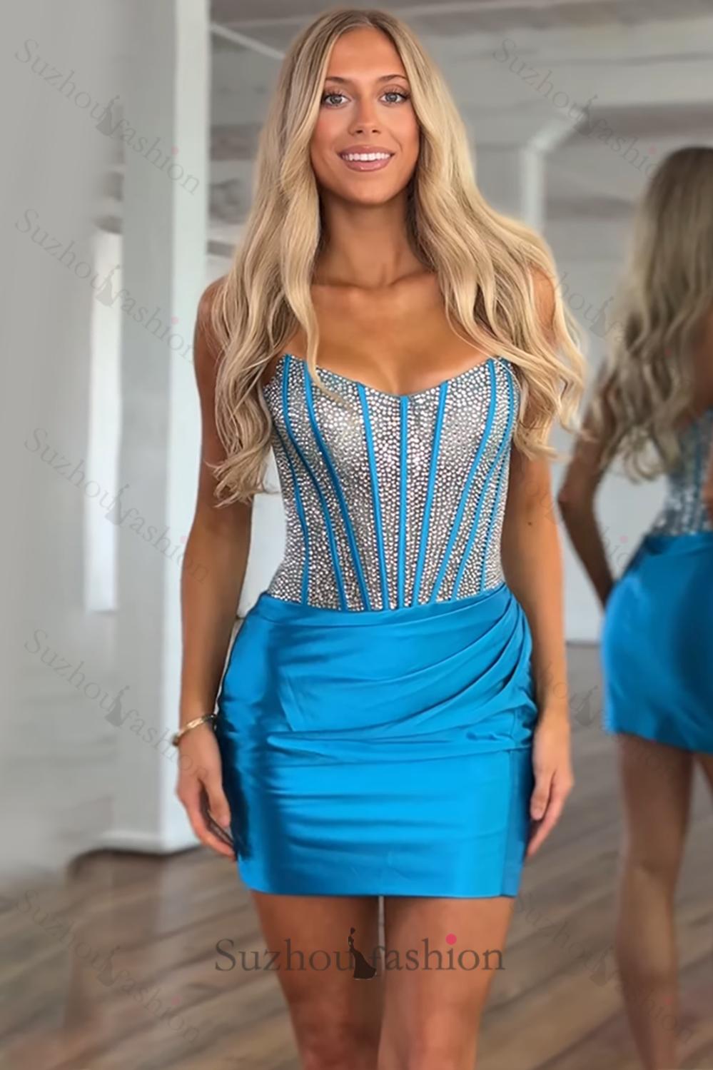 Turquoise Tight Homecoming Dresses Satin Short Corset Cocktail Dresses With Beading