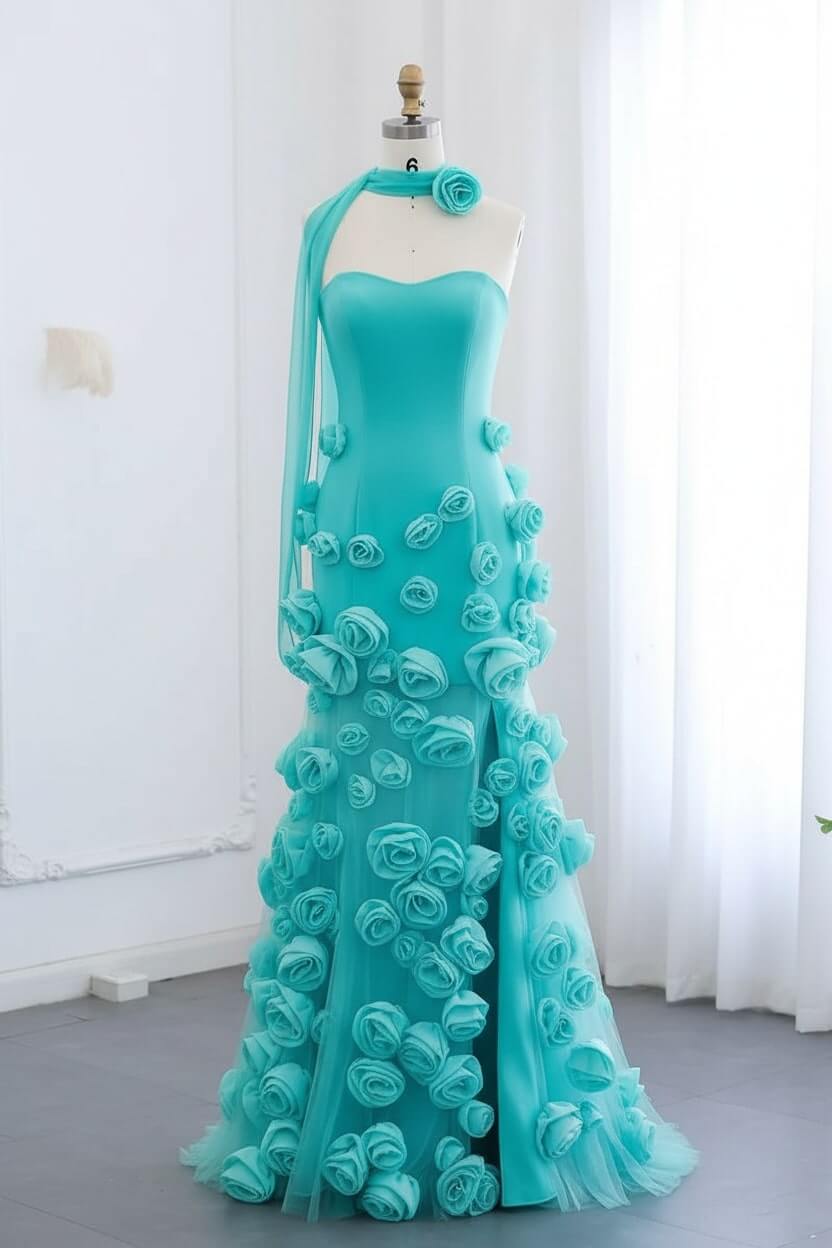Pink Prom Dress Strapless Mermaid 3D Flowers Formal Dress With Slit