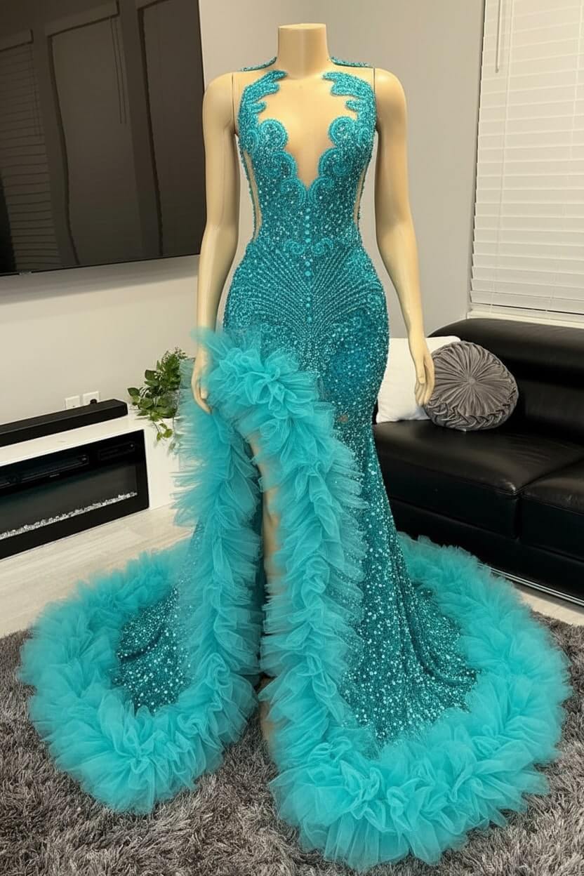 V-neck Prom Dress Orange Beaded Tulle Ruffles Sequin Formal Evening Party Dress
