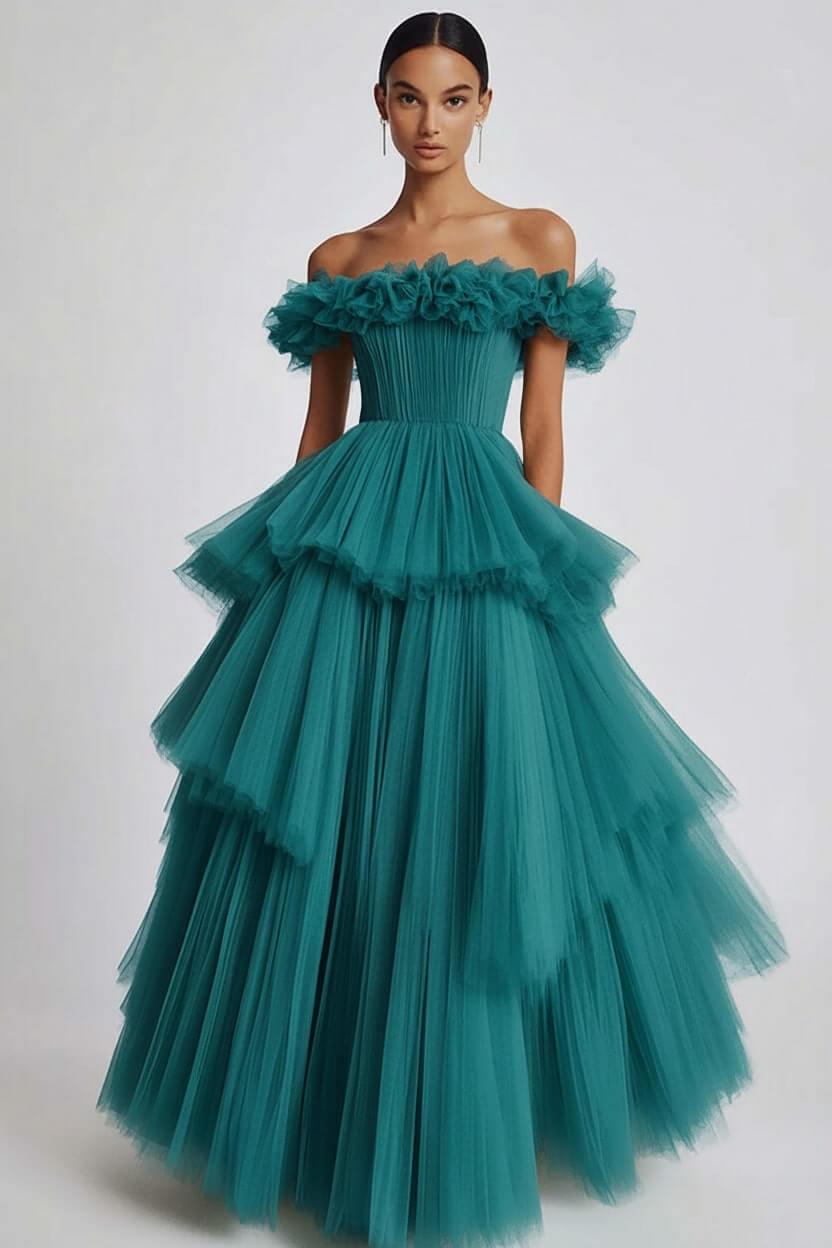 Dusty Sage Prom Dress Tulle Off The Shoulder Ball Gown Formal Dress With Ruffles