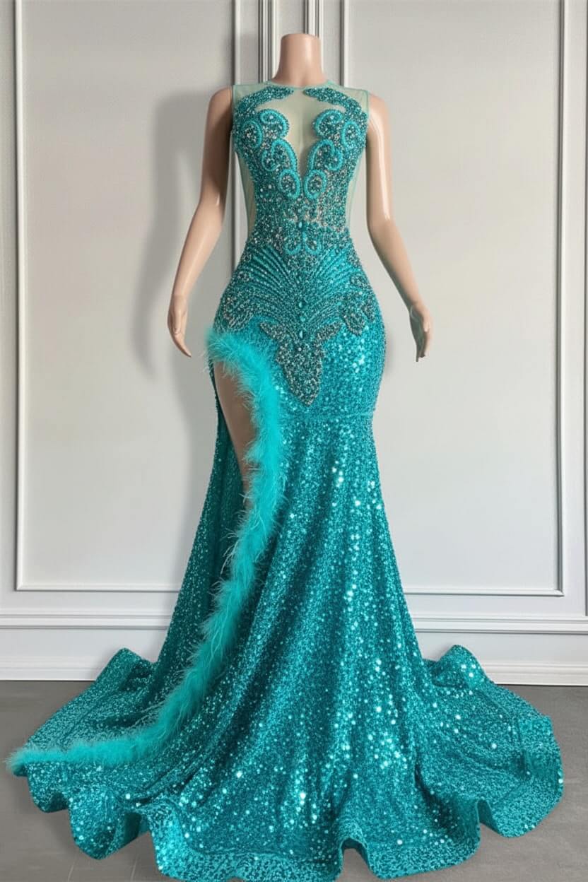 Mermaid Prom Dress Orange Split Sequin Formal Dress with Beadings and Feathers