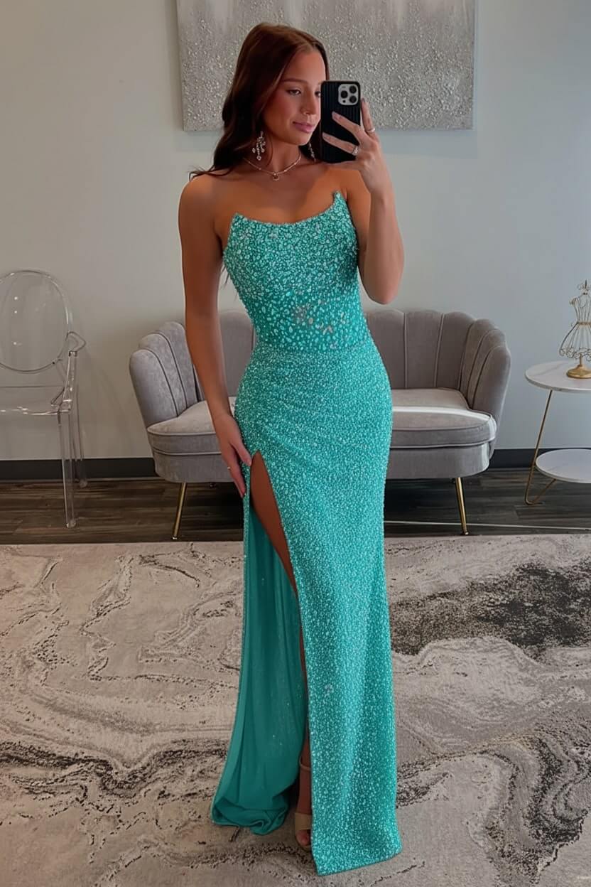 Champagne Prom Dress Strapless Sheath Beaded Long Formal Dress With Slit