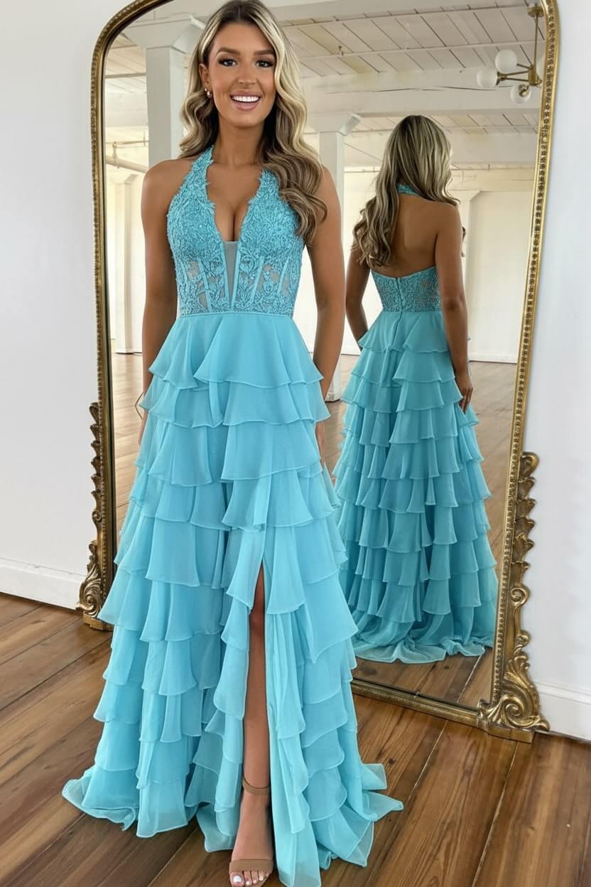 Sky Blue Prom Dress Ruffled Halter Corset Formal Dress With Slit