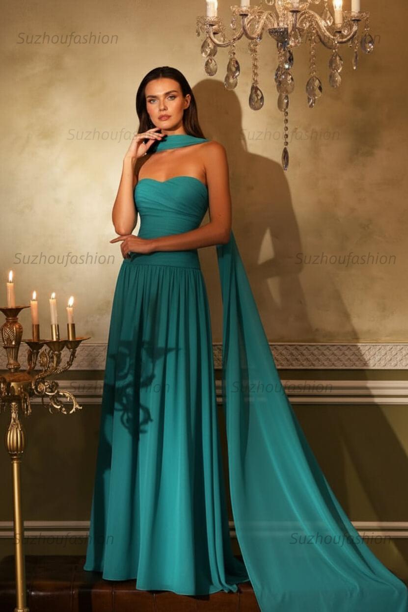 Chiffon Strapless Sleeveless Long Evening Formal Dress With Ruffled Pleated