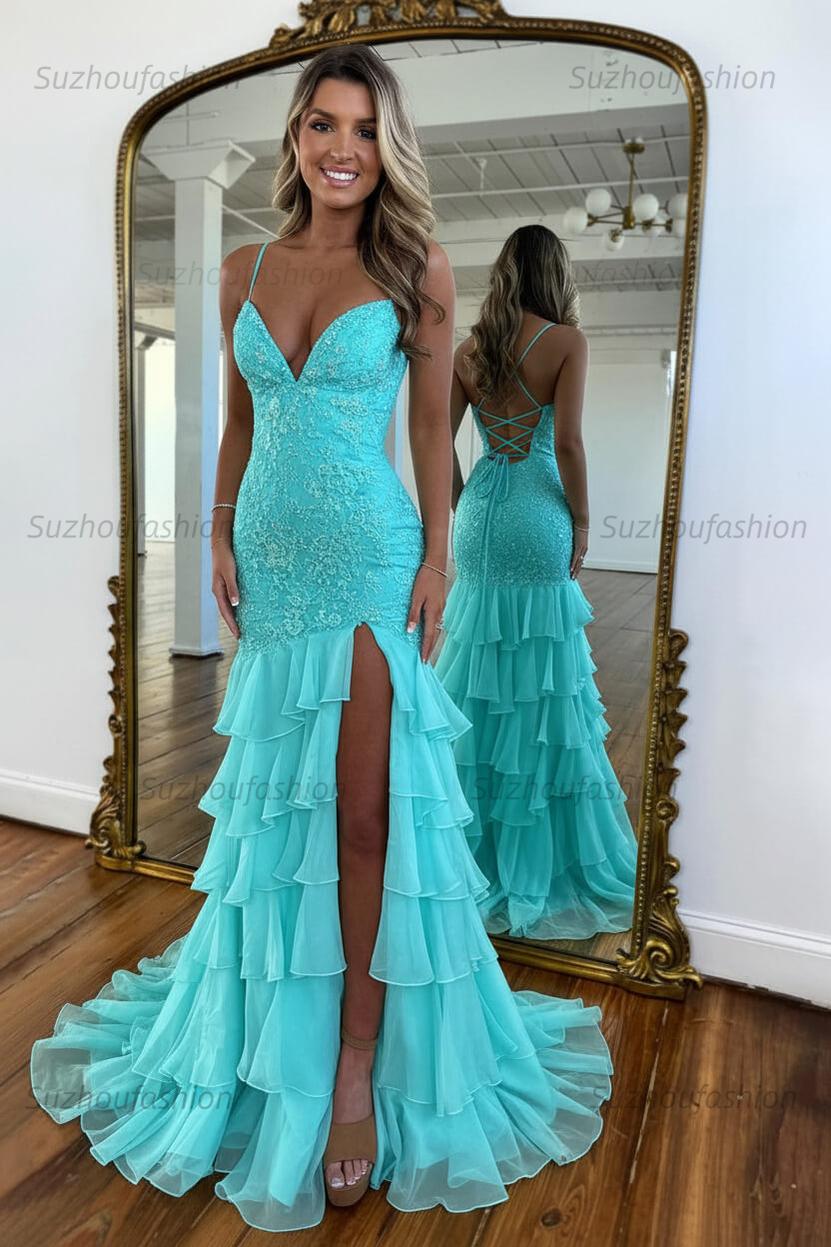 Suzhoufashion Mermaid Spaghetti Straps Lace Up Long Prom Dress With Ruffle Skirt Formal Evening Gown