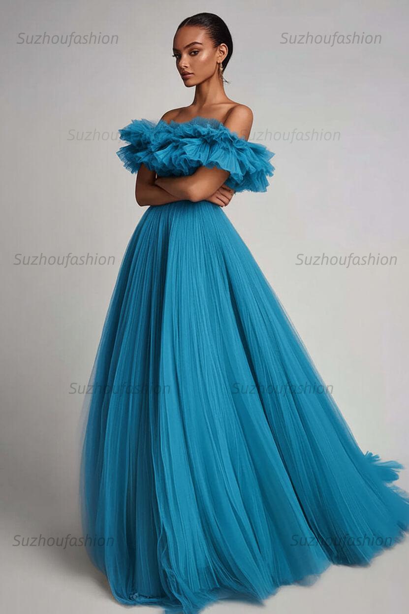 Dusty Sage Prom Dress Tulle A Line Long Formal Dress With Ruffles