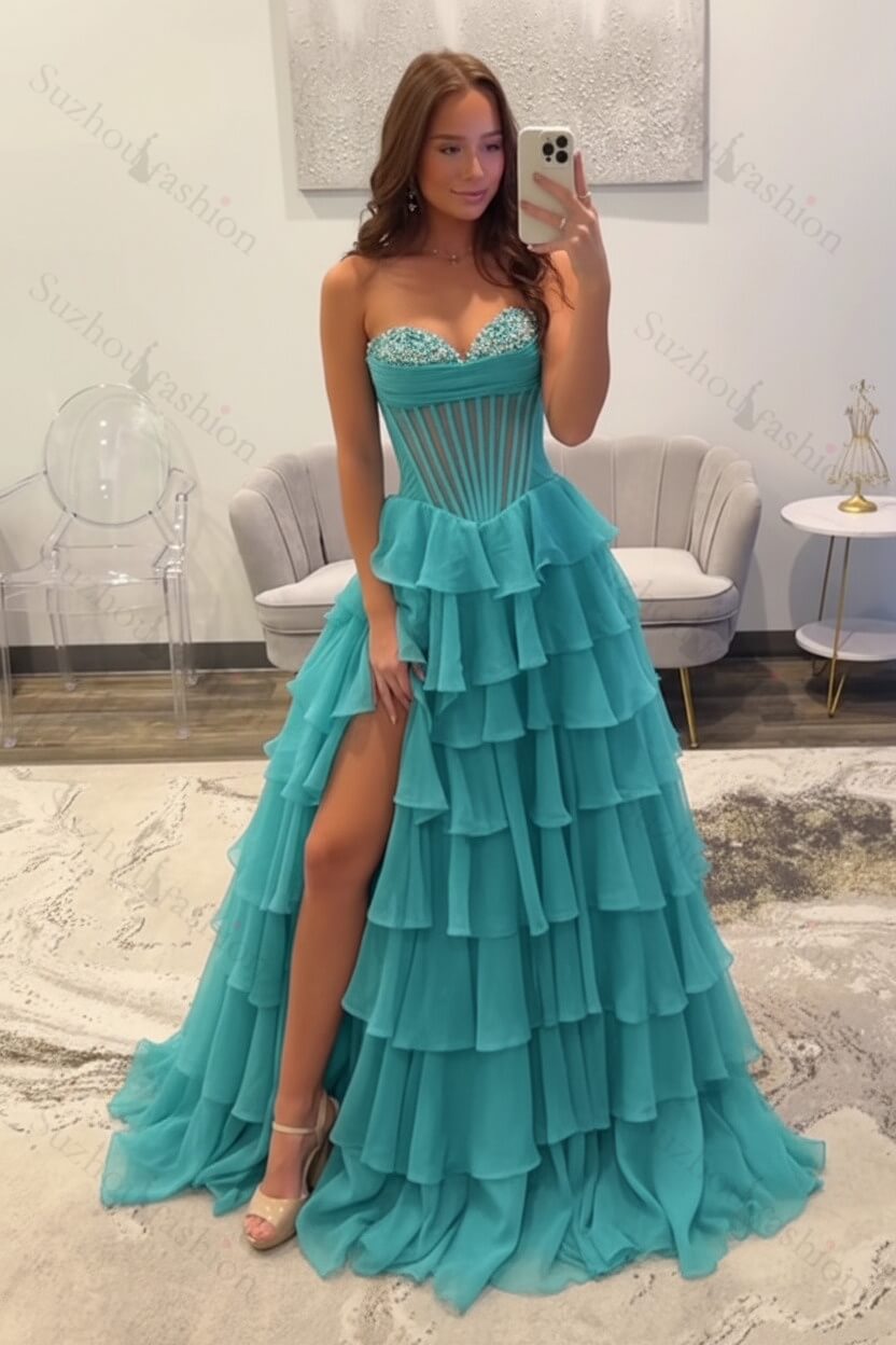 Ruffled Black Prom Dress A Line Corset Long Formal Dress With Beadings
