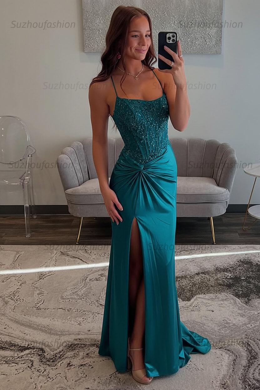 Red Prom Dress Spaghetti Straps Ruhed Long Lace Formal Dress With Appliques