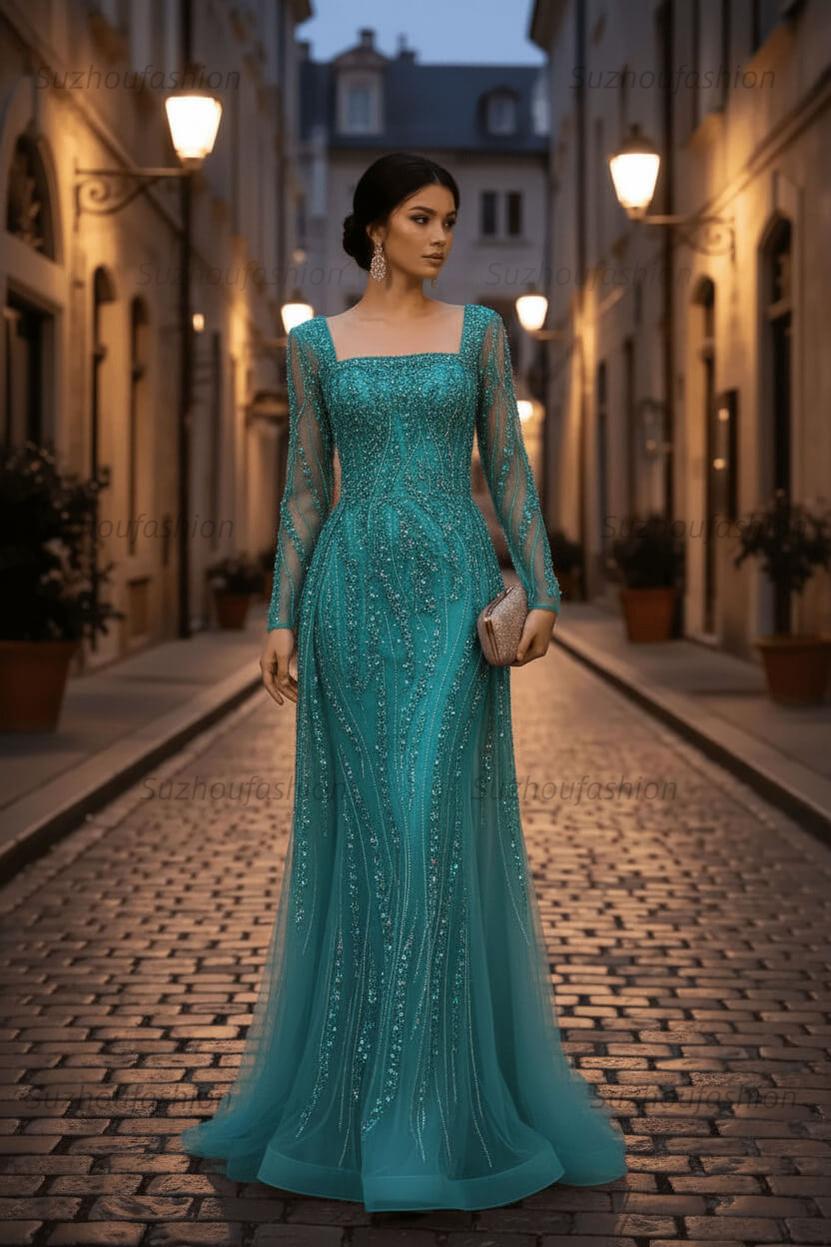 Square Neck Long Sleeves Long Mermaid Evening Formal Dress With Beading Tulle