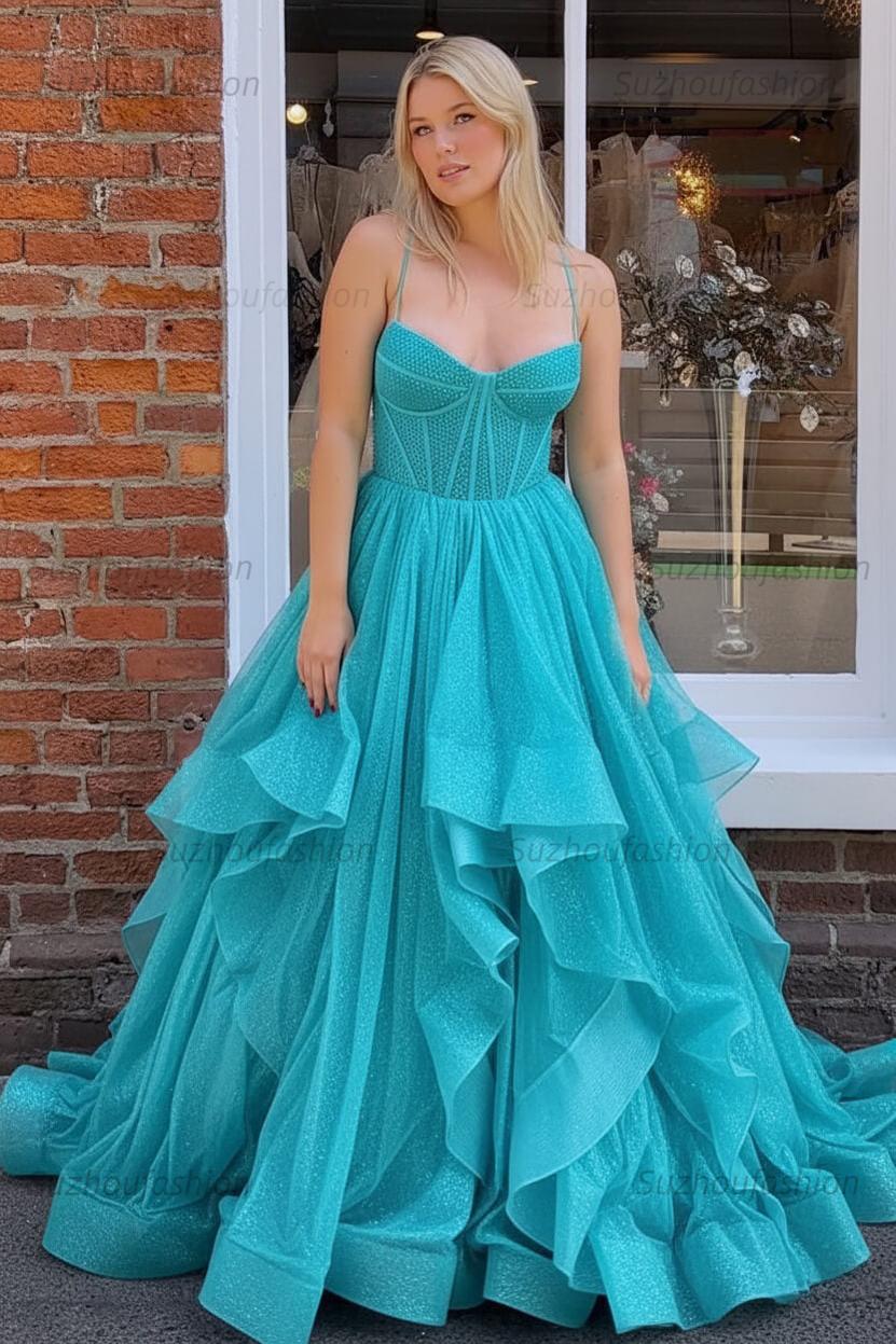 Dark Green A Line Long Corset Prom Dress With Ruffles
