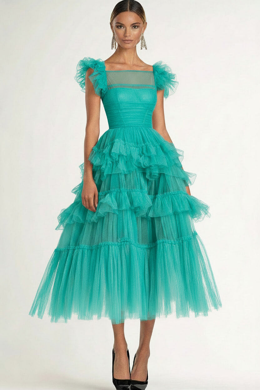 Tea Length Black Wedding Guest Dress A-Line Flatter Sleeves Tulle Formal Dress With Ruffles
