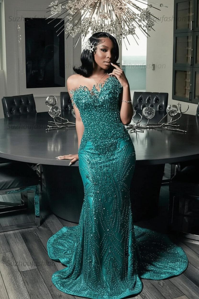 Green Mermaid Prom Dress Sleeveless Formal Evening Dress with Beadings and Rhinestones