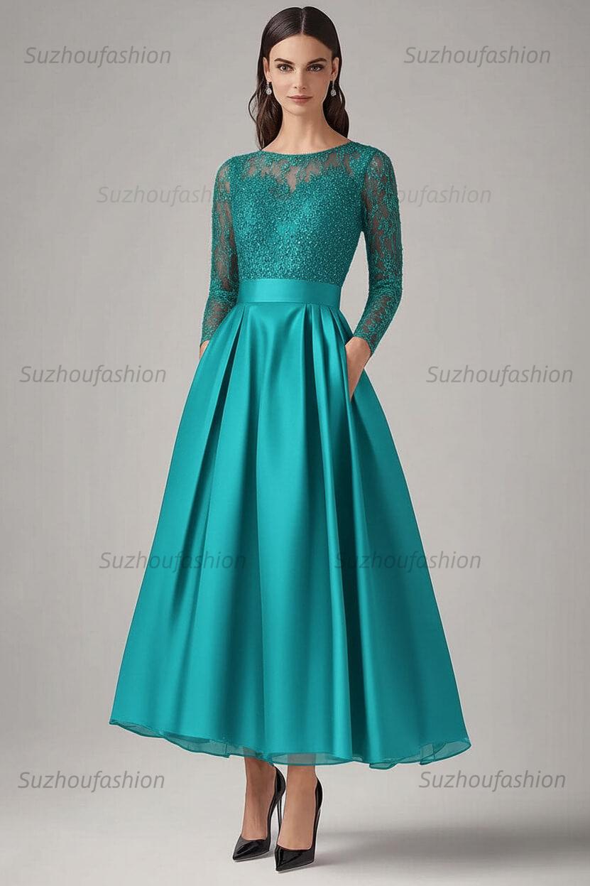 Navy Wedding Guest Dress Beaded A Line Long Sleeves Formal Dress With Lace