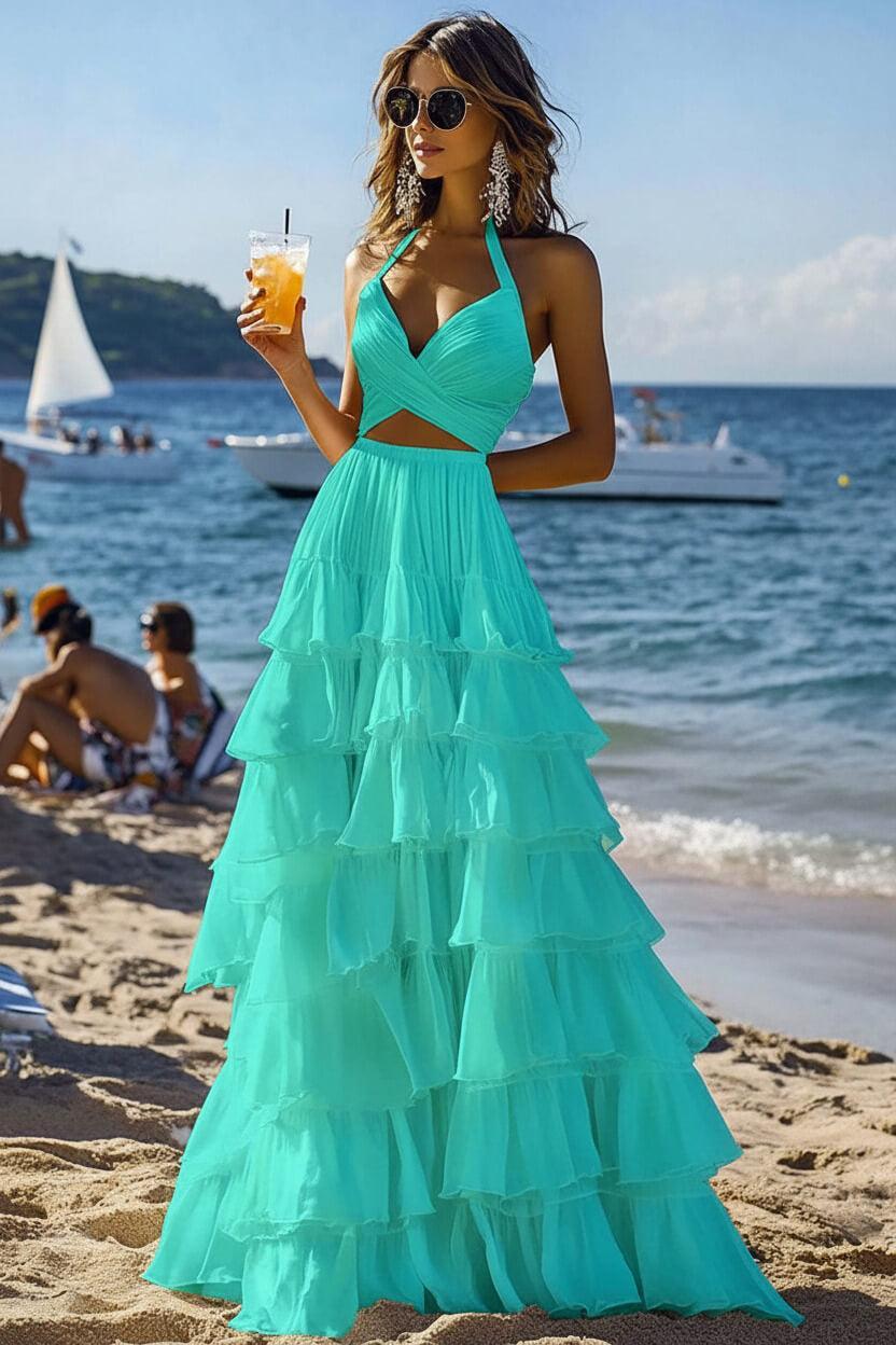 Halter Tiered White 2 Piece Ruffled Formal Dress