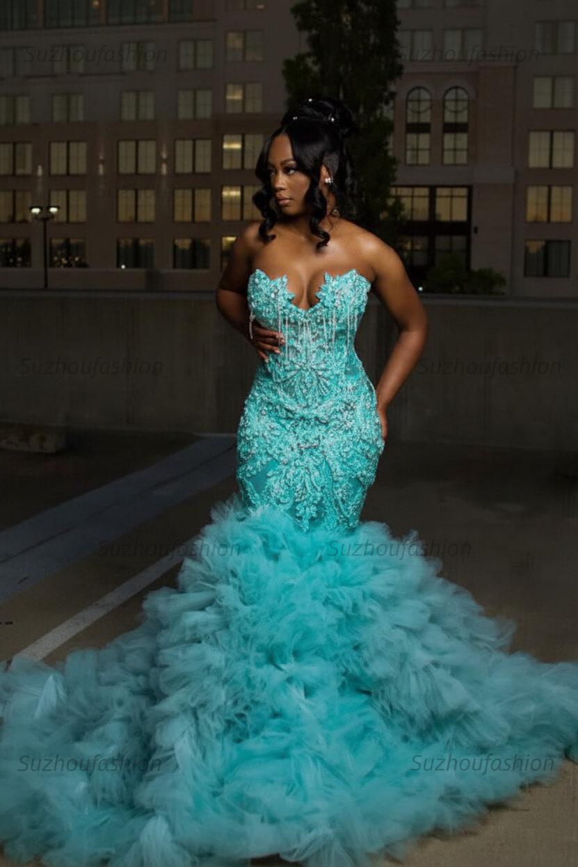 Mermaid Sweetheart Prom Dress Ruffled Sleeveless Formal Evening Gown with Rhinestones and Beadings