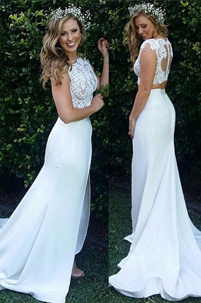 Two Piece Lace Beach Wedding Dress Front Split Buttons Summer Outdoor Wedding Gowns