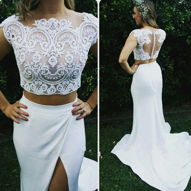 Two Piece Lace Beach Wedding Dress Front Split Buttons Summer Outdoor Wedding Gowns
