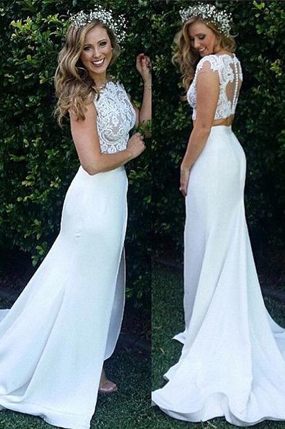 Two Piece Lace Beach Wedding Dress Front Split Buttons Summer Outdoor Wedding Gowns