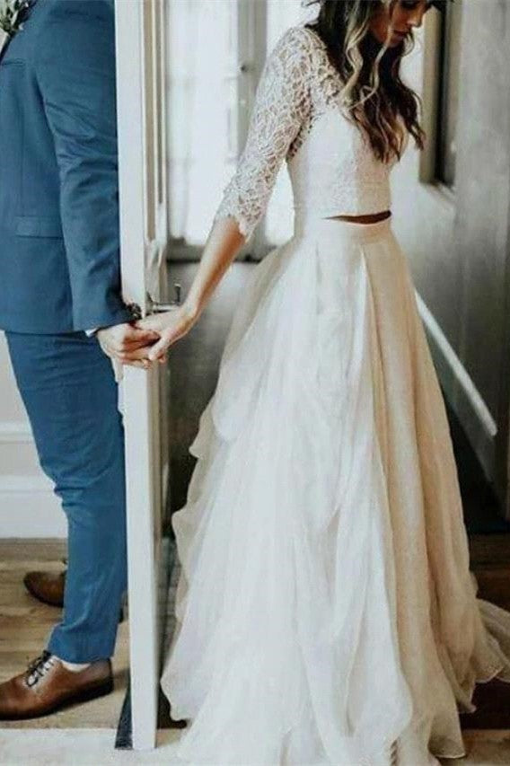 Two Piece Tulle Appliques Beach Wedding Dress 3/4 Sleeves Bridal Gowns with Train