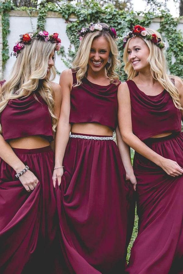 Two Piece A Line Burgundy Long Bridesmaid Dresses BD095 by pgmdress