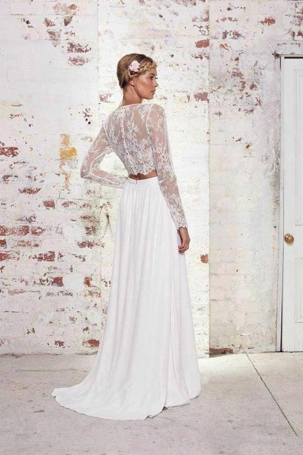 Two Pieces Long Sleeves Lace White Beach Wedding Bridal Dresses (ZD15351)