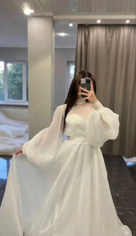Simple White Puff Sleeves Wedding Dress,White Bridal Gown Y6738 by simplepromdress