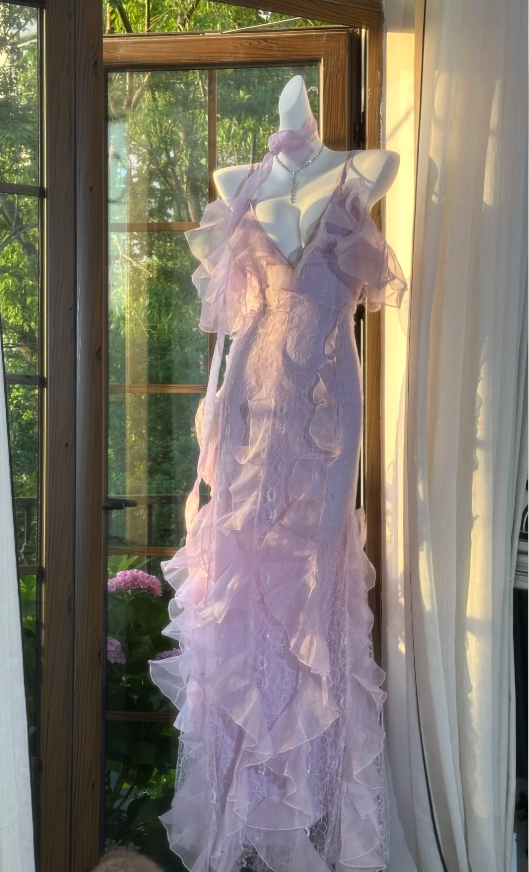 Classy Pink Spaghetti Straps V Neck Lace Chiffon Ruffle Mermaid Evening Dress Long Party Dress with Ribbon - View 4 | VelvetHem