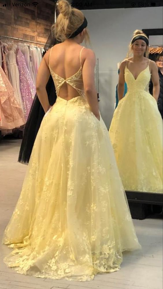 Yellow Lace Prom Dress Long, Formal Dress, Dance Dresses, Graduation School Party Gown - View 2 | VelvetHem