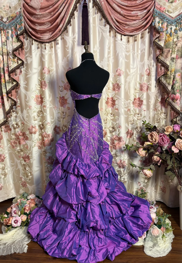 Vintage Purple Strapless Satin Beaded Mermaid Long Party Dress Evening Dress - View 2 | VelvetHem