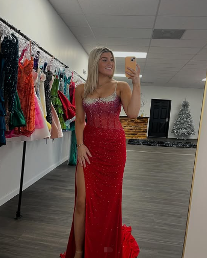 Charming Red Spaghetti Straps Slit Mermaid Evening Dress Formal Prom Dress With Beaded - View 2 | VelvetHem