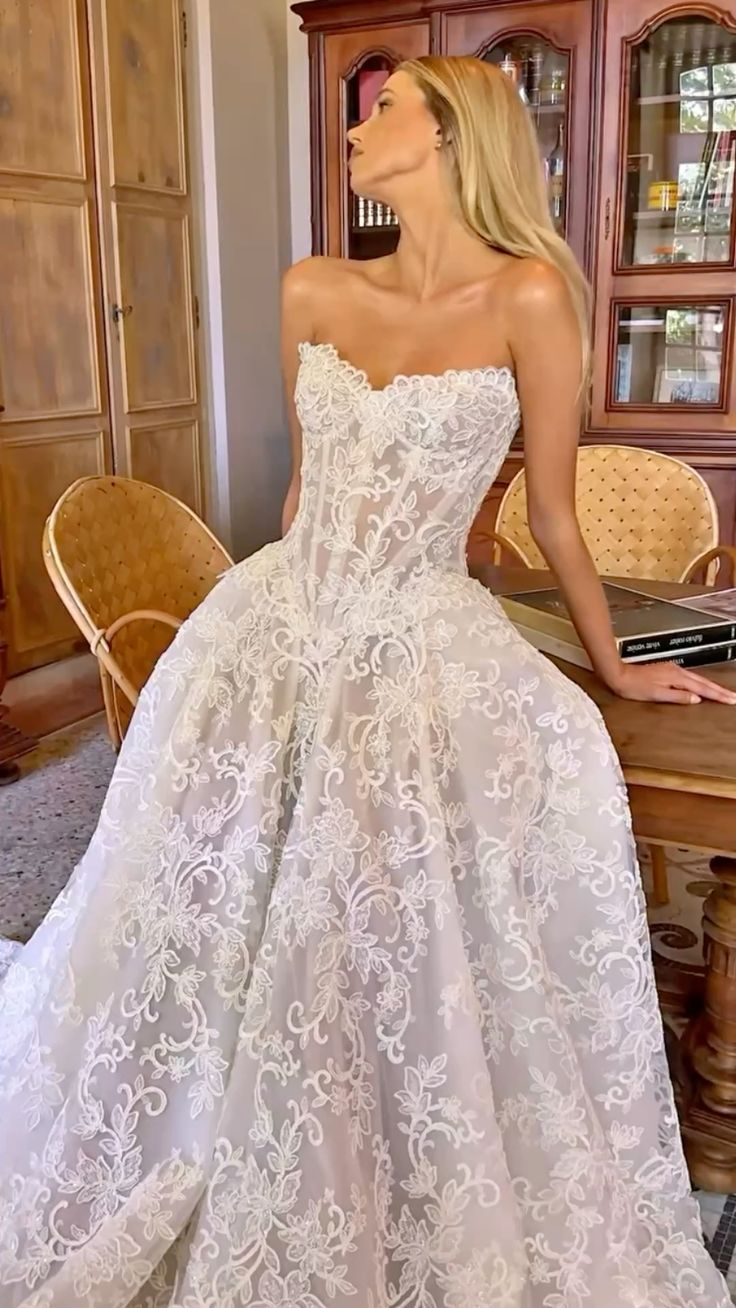 Pretty White Strapless Lace Ball Gown Long Wedding Guest Dress - View 2 | VelvetHem
