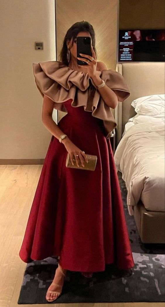 Red Ruffled Neckline A-line Evening Dress - VelvetHem