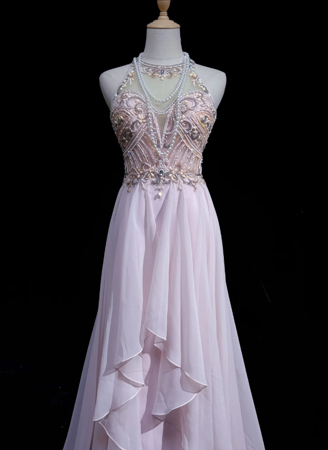 Classy Halter Chiffon Beaded Mermaid Formal Wedding Guest Dress Pink Long Evening Dress Party Dress - View 3 | VelvetHem