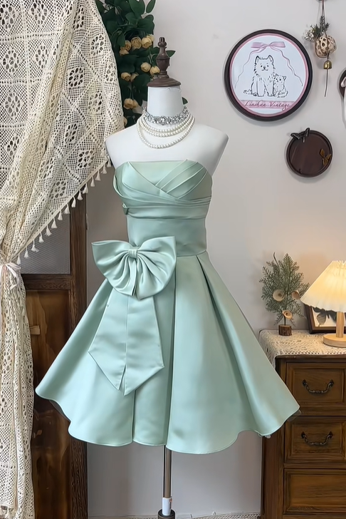 Classy Strapless Satin Bow Homecoming Dress Light Green Mini Birthday Dress