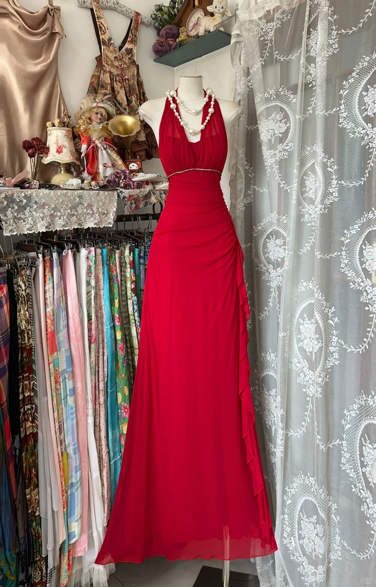 Retro Halter Red Chiffon Beaded Ruffles Mermaid Evening Dress Long Birthday Party Gown