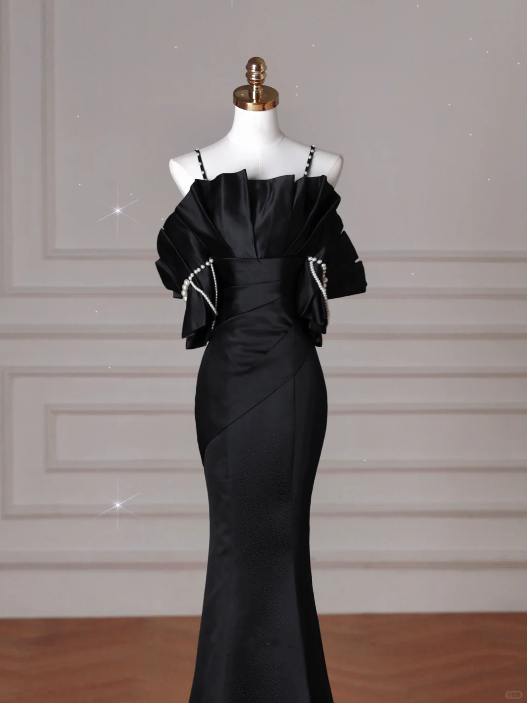 Elegant Black Spaghetti Straps Satin Off The Shoulder Mermaid Evening Dress Prom Dress Y8641 - VelvetHem