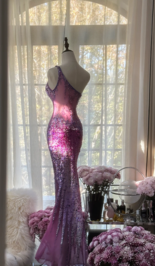 Glamorous Ombre Purple One Shoulder Chiffon Sequin Beaded Mermaid Long Evening Dress Birthday Party Dress - View 4 | VelvetHem