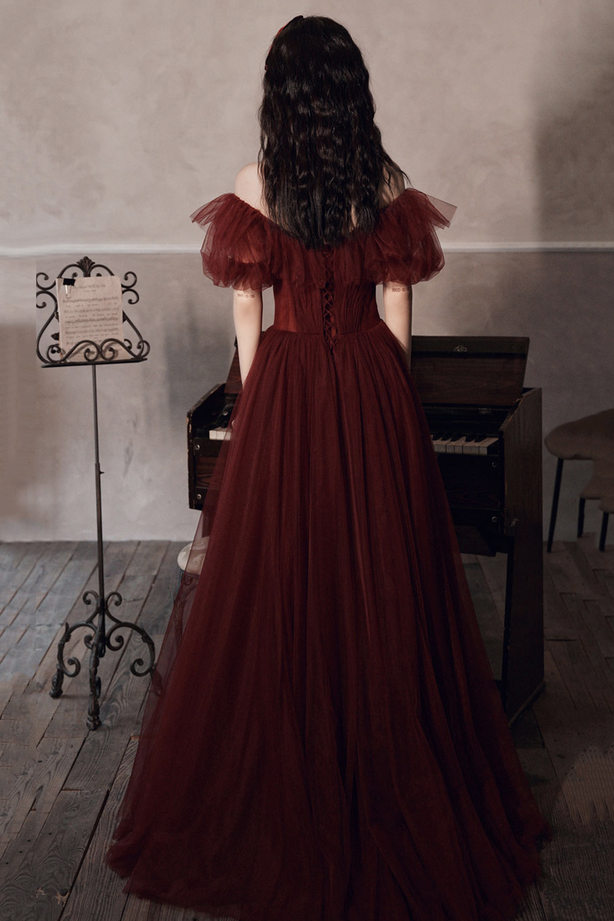 Burgundy Off The Shoulder Tulle Line Prom Dress Evening Dress Y8351