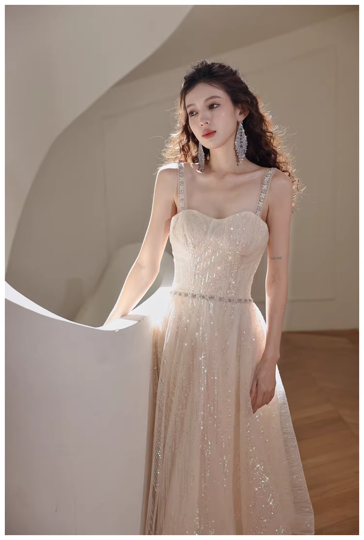 Elegant Light Champagne Tulle Sequin Beaded A Line Mid Length Birthday Prom Dress Evening Gown - View 8 | VelvetHem